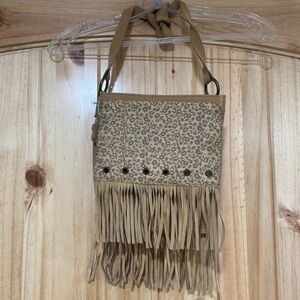 Floral Fringe Tan Crossbody Bag with Grommet Detail